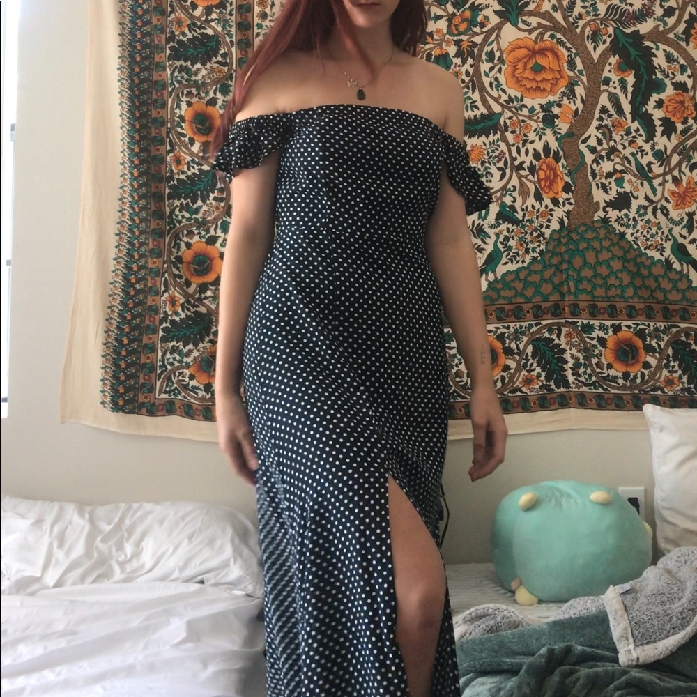 Lulus polka dot navy and white floor length dress